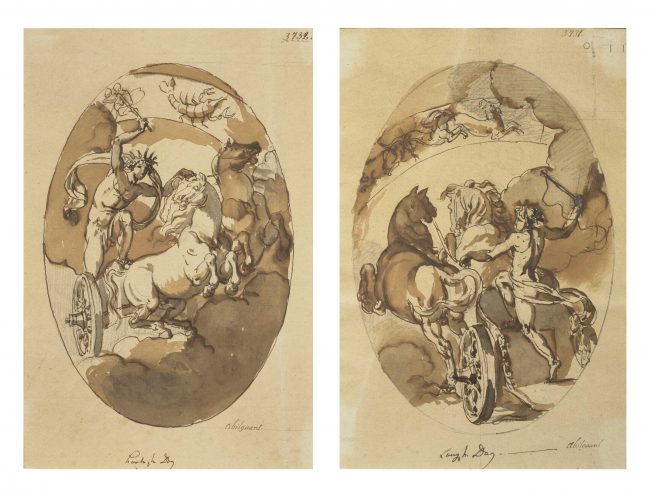 The sun god Apollo entering the constellation of Cancer, emblematic of the summer solstice and The sun god Apollo entering the constellation of Capricorn, emblematic of the winter solstice, drawing of NICOLAI ABRAHAM ABILDGAARD