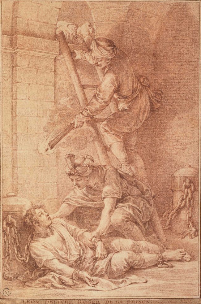 Léon délivre Roger de la prison, dessin de CHARLES-NICOLAS COCHIN LE JEUNE