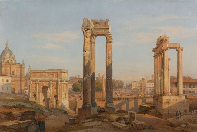 Vue du Forum, avec les colonnes du temple de Vespasien, Dessin de Salomon Corrodi