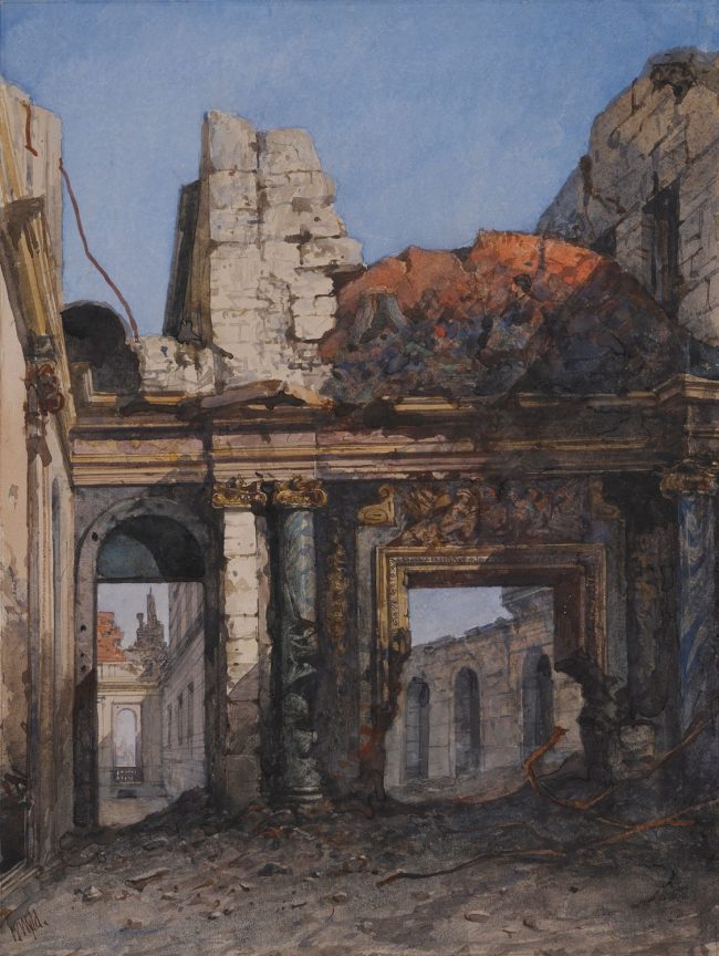Le château de Saint Cloud en ruine : le Salon de Mars, donnant sur la galerie d’Apollon, Dessin William Wyld