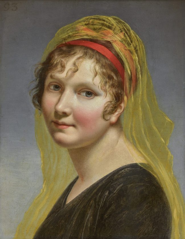 Portrait de femme au voile jaune et bandeau rouge