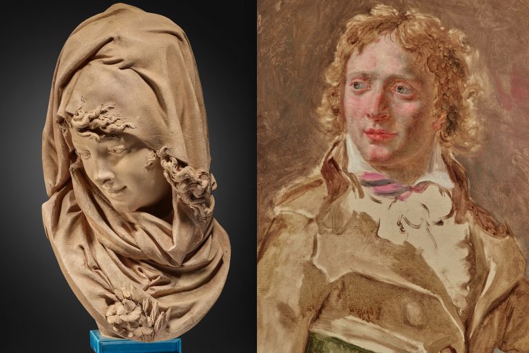 une sculpture et une peinture présentés au salon Fine Art Paris